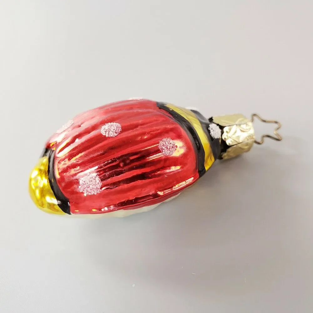 Vtg Lady Bug Ornament Blown Glass White Mica Glitter Red MCM Christmas Germany